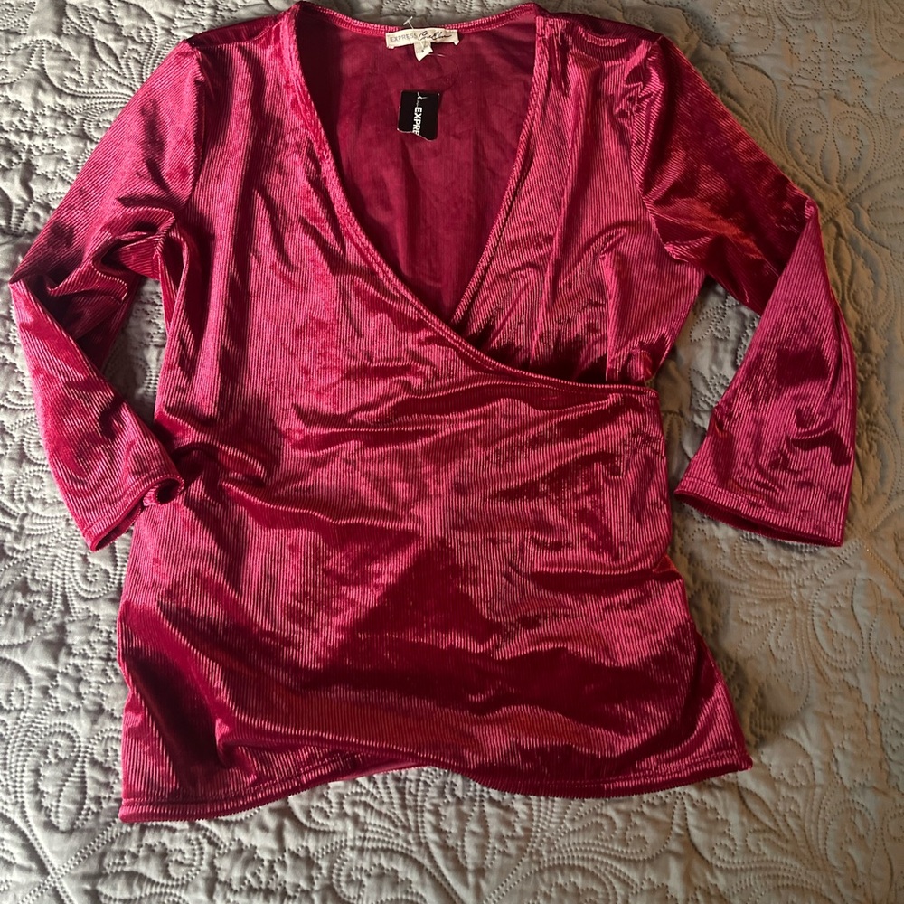 NWT Express Elegant Burgundy V-Neck Velvet Women's Top Size Large